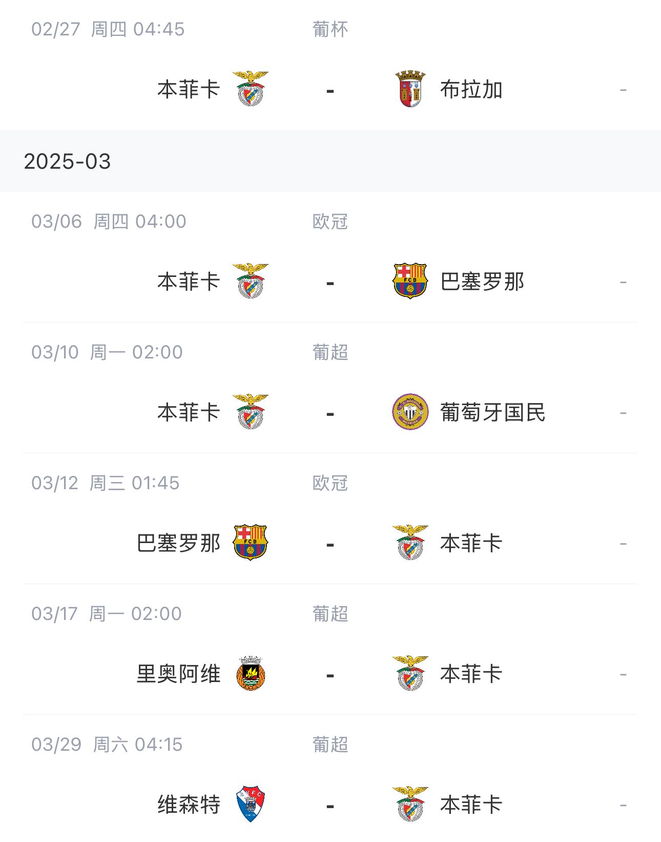  讓路歐冠！本菲卡戰(zhàn)巴薩首回合比賽前的葡超比賽推遲進(jìn)行