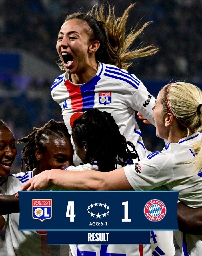  里昂女足4-1大勝拜仁女足，總比分6-1晉級女足歐冠半決賽